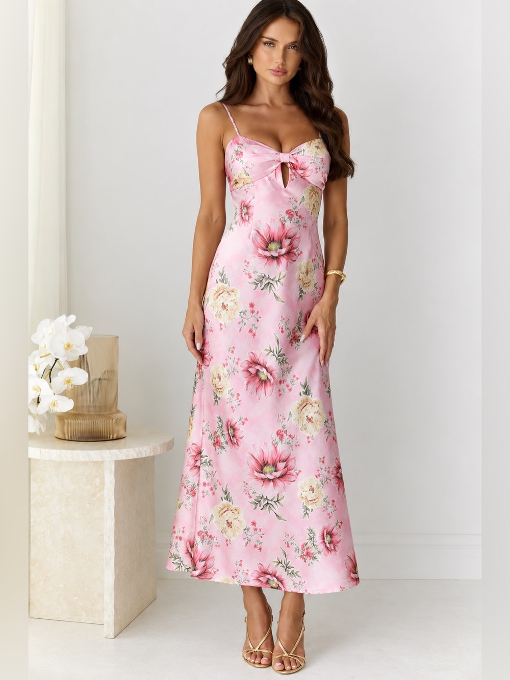 Hello Molly Sun Drenched Shores Pink Floral Satin Midi Dress NWT Small